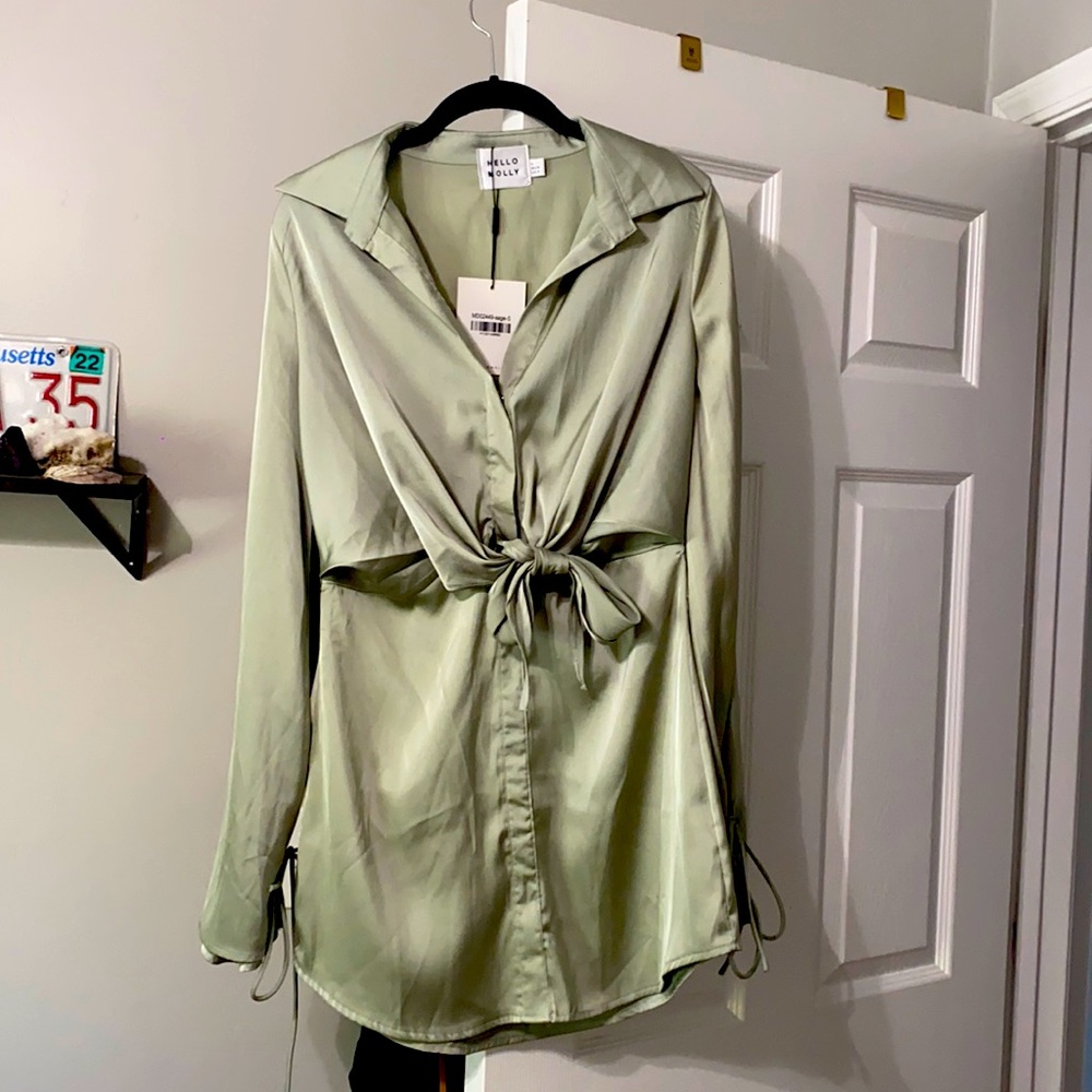 Sage green mini dress from Hello Molly. satin fabric. “Divine time” dress -Sage